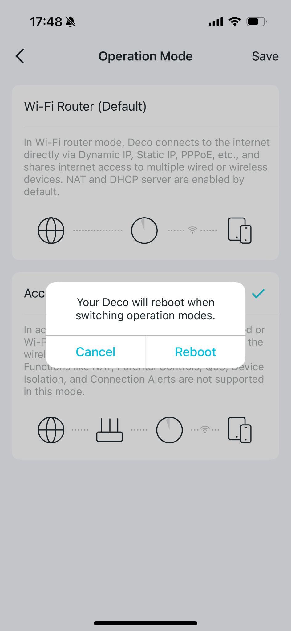 A reboot confirmation dialog with Cancel and Reboot options.