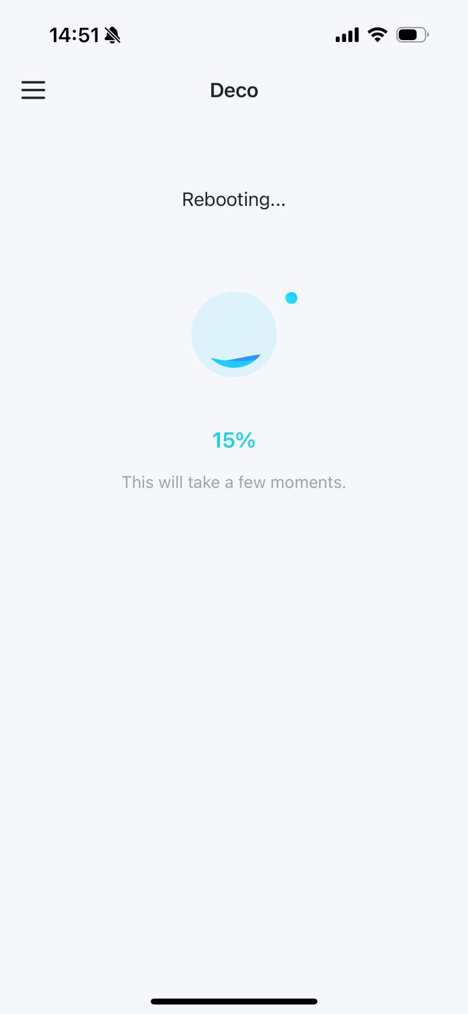 Deco app screenshot showing the rebooting screen with a circular loading animation at 15% progress and the message "This will take a few moments."