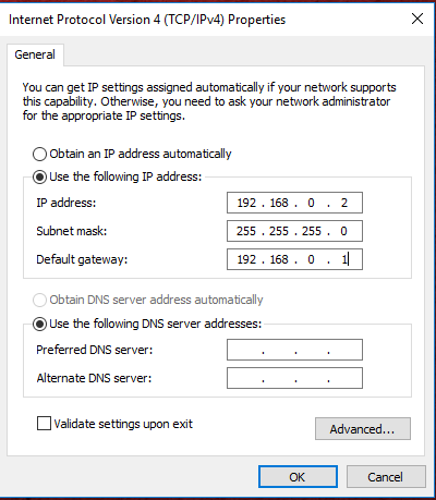 Windows network settings showing a static IP address being manually configured for router recovery.