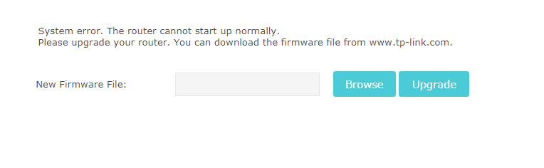 Router firmware recovery page displayed in browser, ready for firmware file upload.
