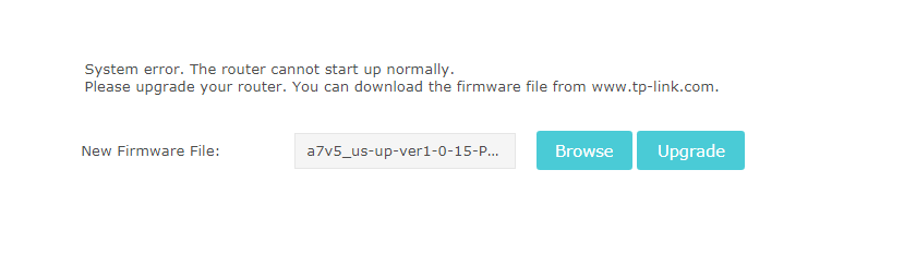 Firmware recovery page with Browse button to select the downloaded firmware file for upload.