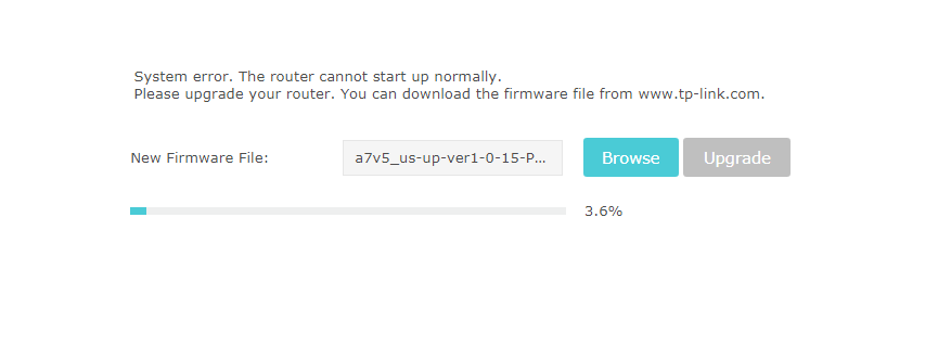 Router firmware upgrade progress bar showing the recovery process is underway.