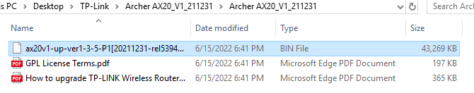 Extracted firmware zip folder showing the bin file ready to use for router recovery.