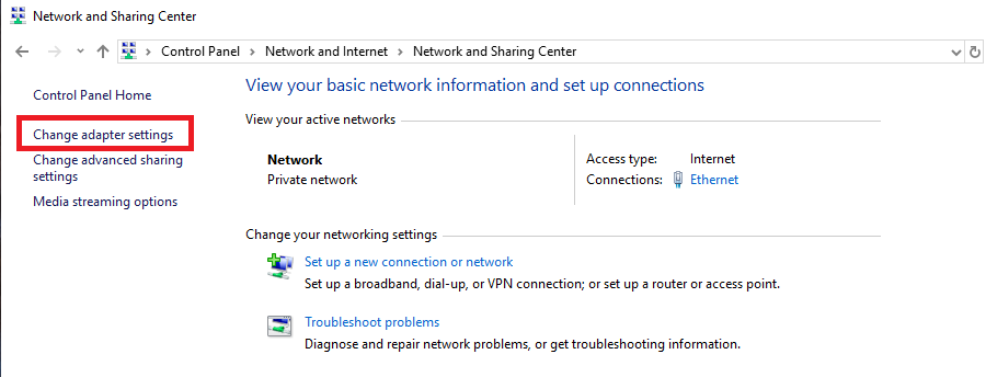 Windows Network and Sharing Center with Change Adapter Settings option highlighted.