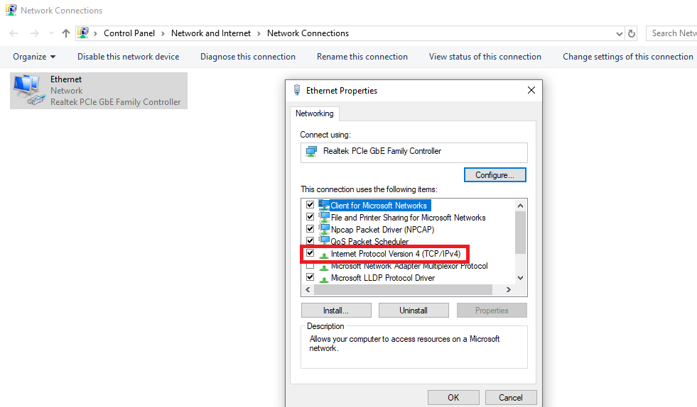 Windows Ethernet adapter Properties window with Internet Protocol Version 4 selected.