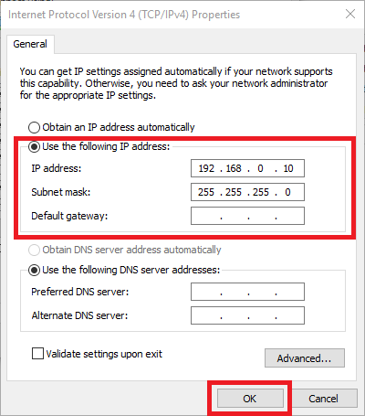 Windows TCP/IPv4 Properties showing 192.168.0.10 entered as a static IP address for router recovery.