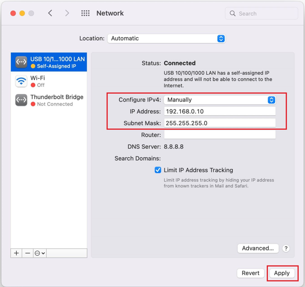 macOS Network preferences showing IPv4 set to Manually with 192.168.0.10 entered as the IP address.