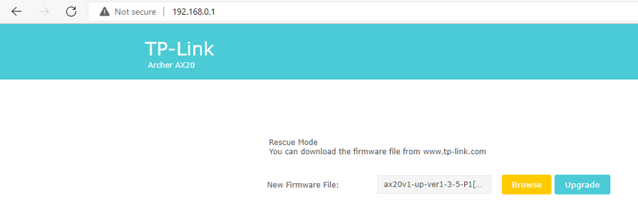 Browser showing the TP-Link AX router recovery page after accessing 192.168.0.1.