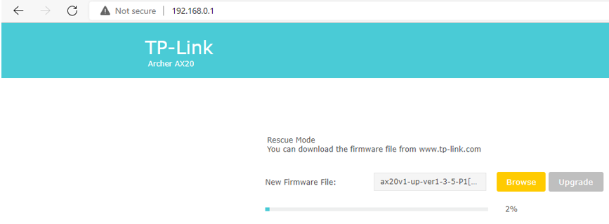 Router firmware upgrade progress page showing the recovery process is underway.