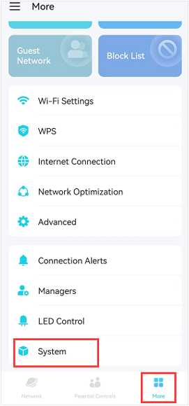 Deco app More menu with System option highlighted in a red box, and the More tab highlighted in the navigation bar.