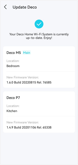 Deco app Update Deco page showing firmware is up to date for two Deco units, Deco M5 in Bedroom and Deco P7 in Kitche.