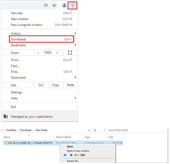 Chrome browser menu with Downloads option highlighted in a red box, and a firmware zip file shown in the downloads folder below.