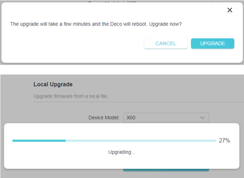 Deco web admin panel showing a firmware upgrade confirmation dialog and an upgrade progress bar at 27%.