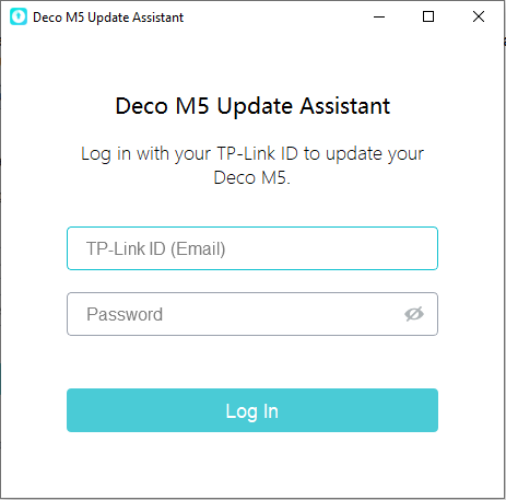 Deco M5 Update Assistant login screen showing TP-Link ID and password fields with a Log In button.
