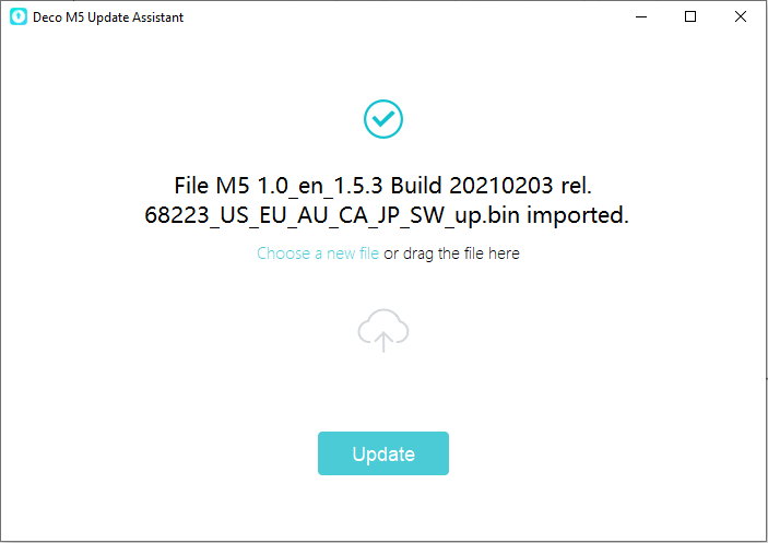 Deco M5 Update Assistant screen confirming the firmware bin file has been successfully imported with an Update button.