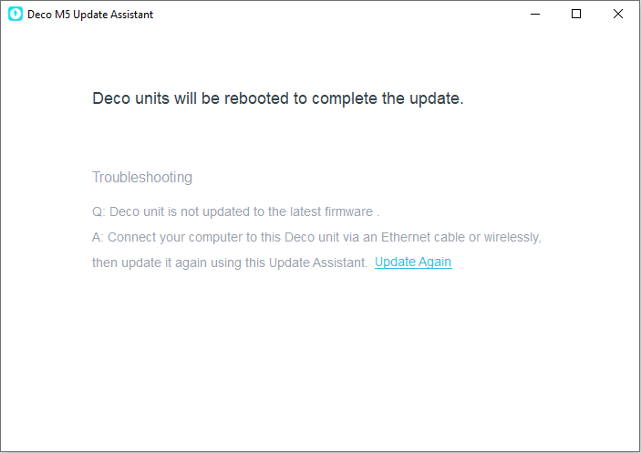 Deco M5 Update Assistant completion screen stating Deco units will reboot to complete the update, with a troubleshooting section.