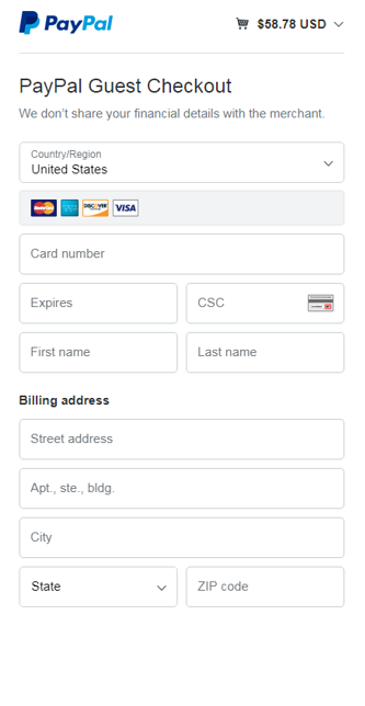 Página de Checkout de Convidado do PayPal.