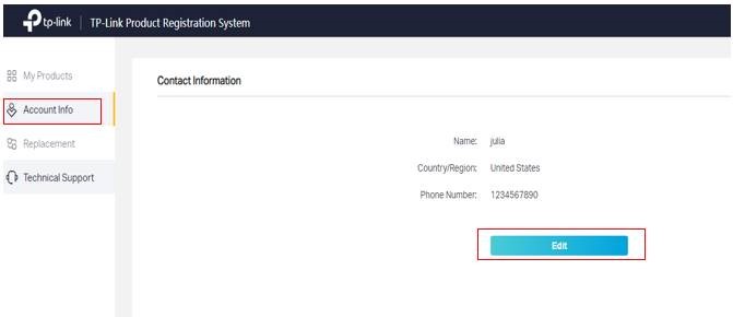 Página de informações da conta.