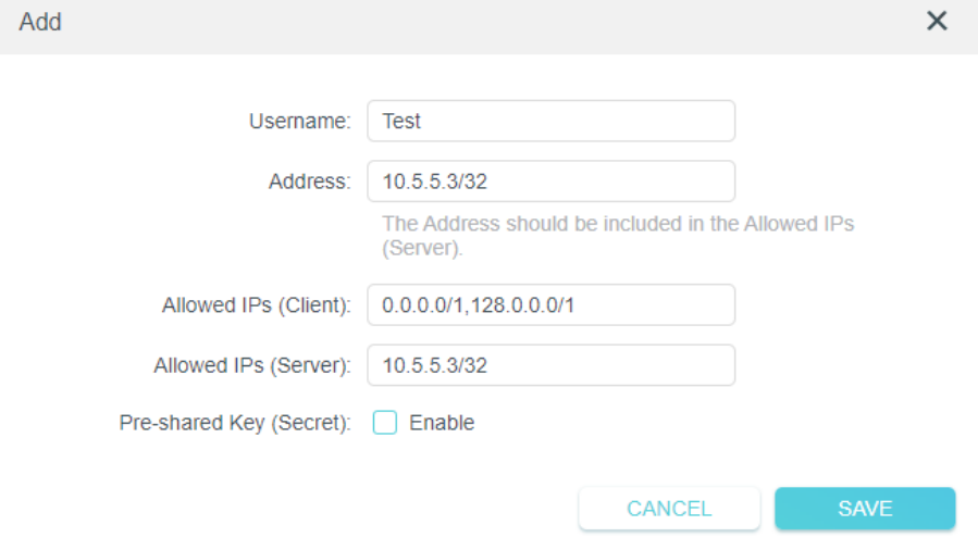 Add WireGuard account dialog with Username, Address, Allowed IPs, and Pre-shared Key fields.