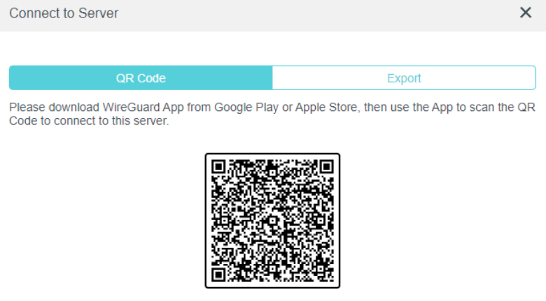 Connect to Server dialog showing QR Code tab with a scannable WireGuard VPN QR code.