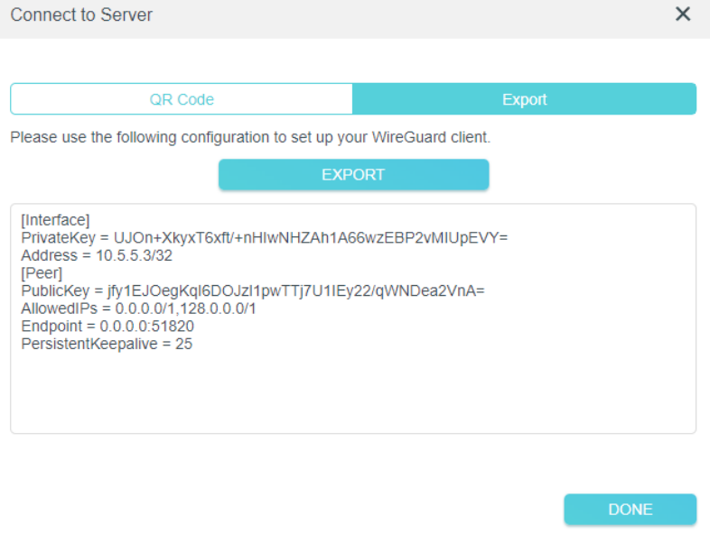 Connect to Server Export tab showing WireGuard config file with Interface and Peer parameters.