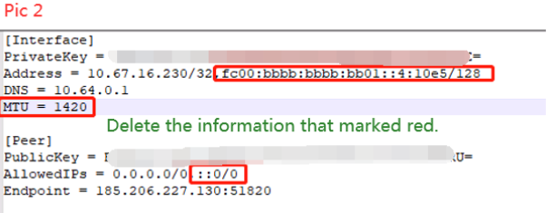 Unsupported WireGuard config with IPv6 address and MTU highlighted in red, indicating fields to delete before importing.