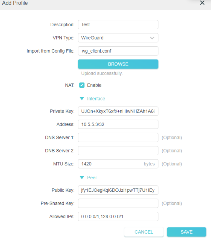 Add Profile dialog for WireGuard VPN client with imported config file showing Interface and Peer settings fields.
