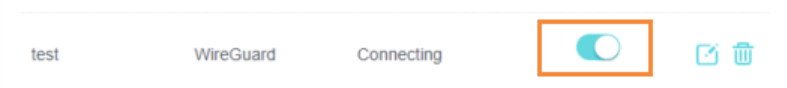 WireGuard VPN server list row showing test profile with Connecting status and enabled toggle highlighted.
