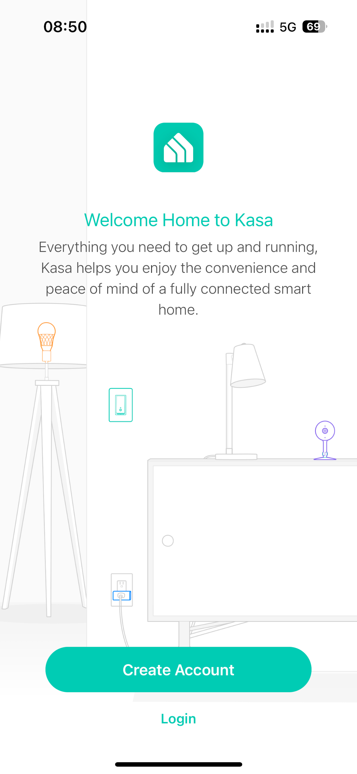Kasa app welcome screen.