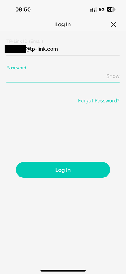 Log In screen with email and password fields.