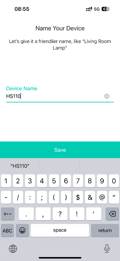 Two-panel screenshot showing the "Name Your Device" screen with a text field pre-filled with "HS110", and the keyboard.