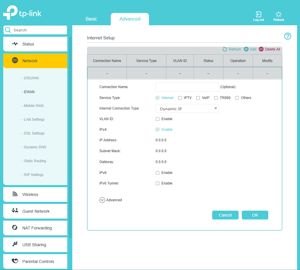 Display the EWAN Internet Setup page with Dynamic IP as the connection type.