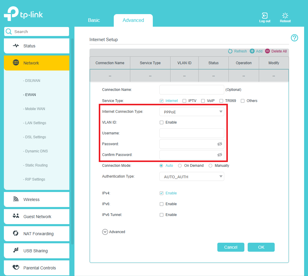 Display the EWAN Internet Setup page with PPPoE as the connection type.