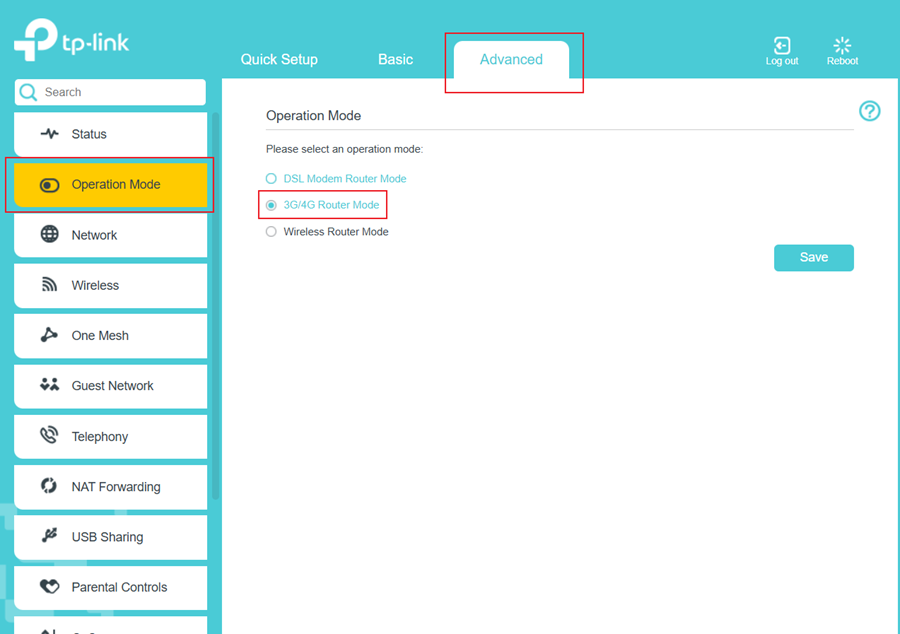 The way to find 3G/4G router mode on the web management.