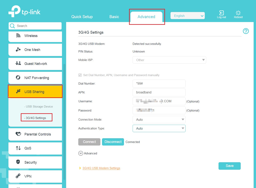 The 3G/4G Settings page.