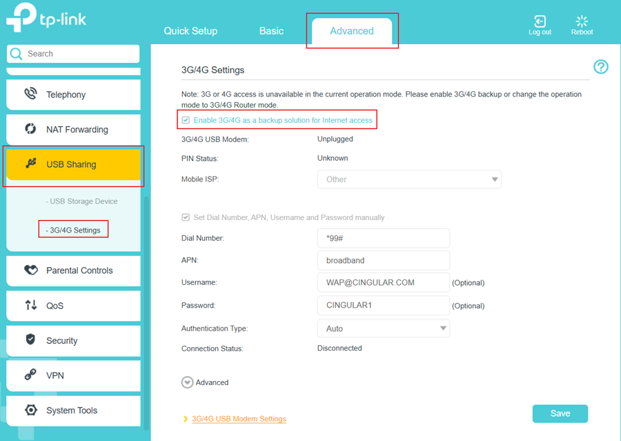 The way to find 3G/4G backup settings on the web management.