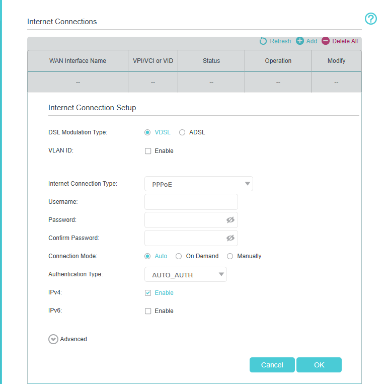 Display the Internet Connection Setup page with PPPoE as the Connection Type.