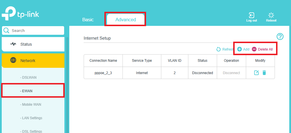 Display the EWAN Internet Setup page.