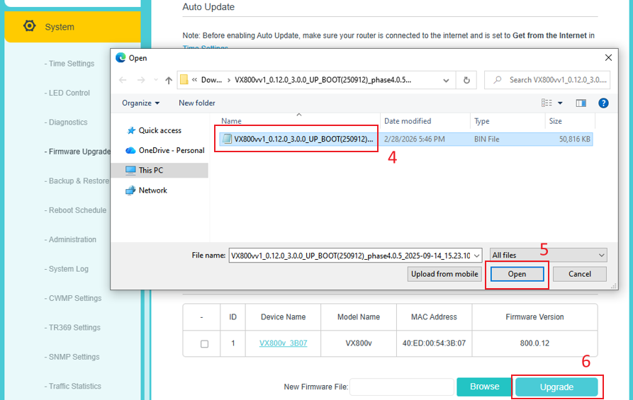Select bin file and upgrade.