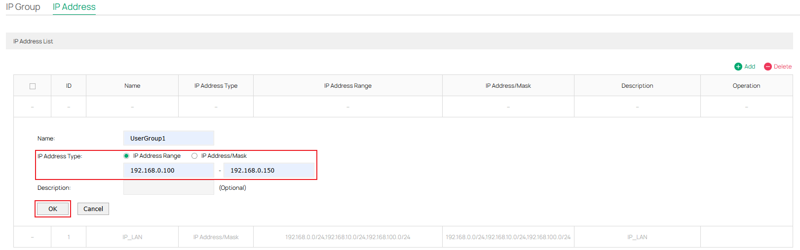 Show an example to configure an IP range.