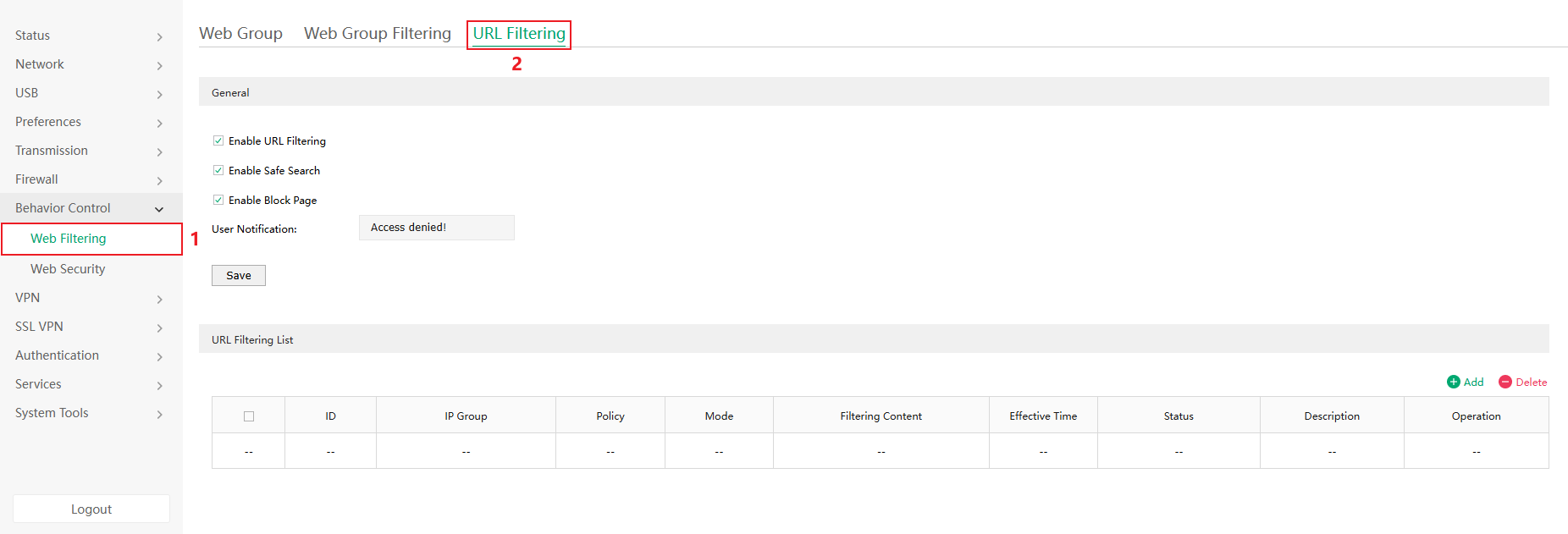 Show the entrance to create URL Filtering rules.