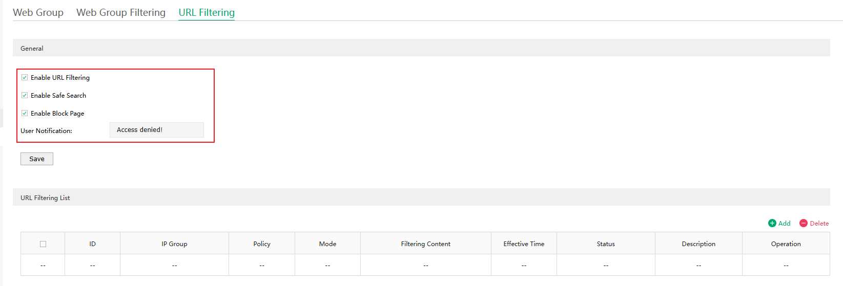 Show an example to enable URL Filtering, Block Page, and Safe Search