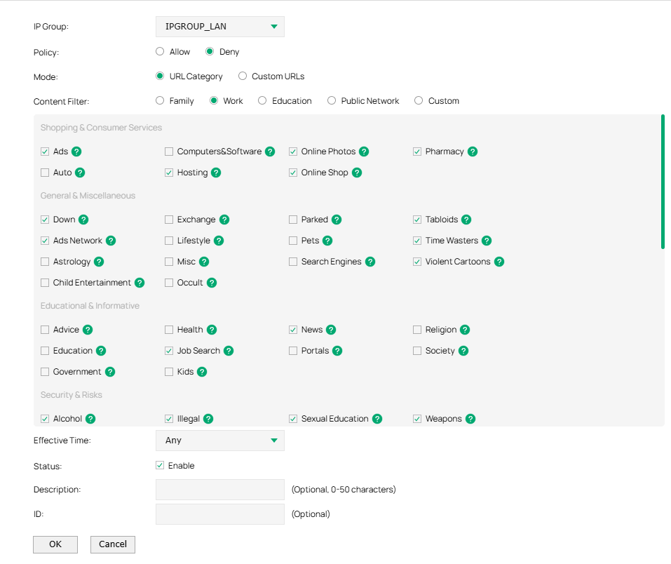  Show a configuration example to restrict all clients in the LAN network from accessing websites unrelated to work.