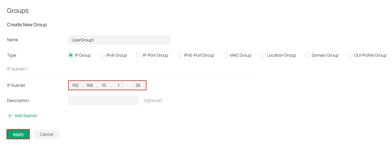 Show an example to configure the new IP group.