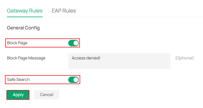 Show an example to enable the Block Page and the Safe Search.