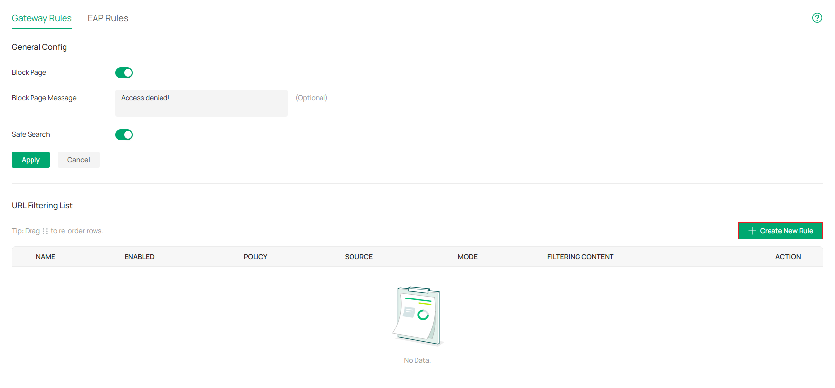  Show the button to create a new URL Filtering rule.