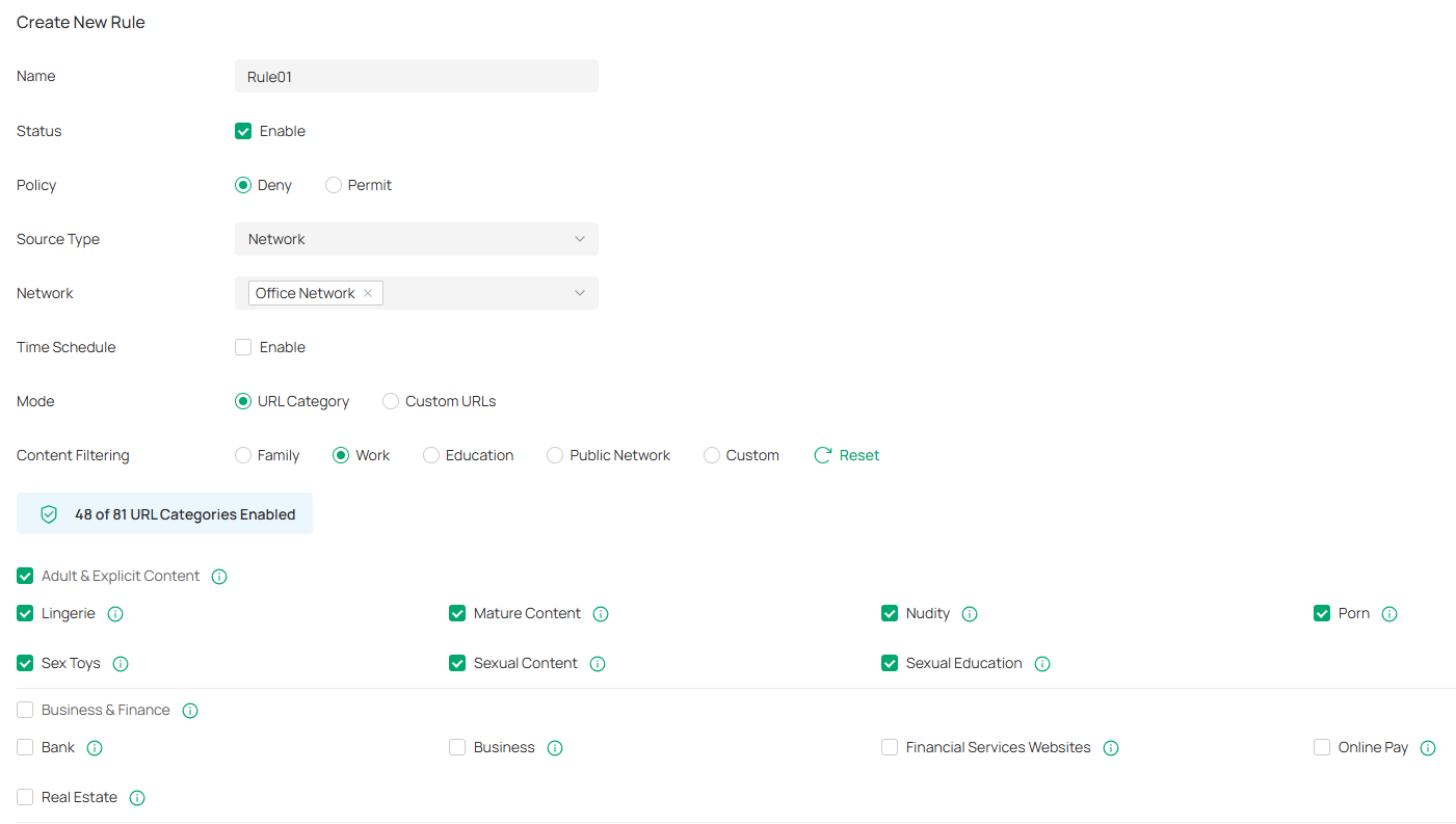 Show a configuration example to restrict all employees from accessing websites unrelated to work.
