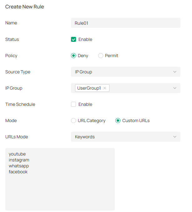 Show a configuration example to restrict specific clients from accessing a few social websites.