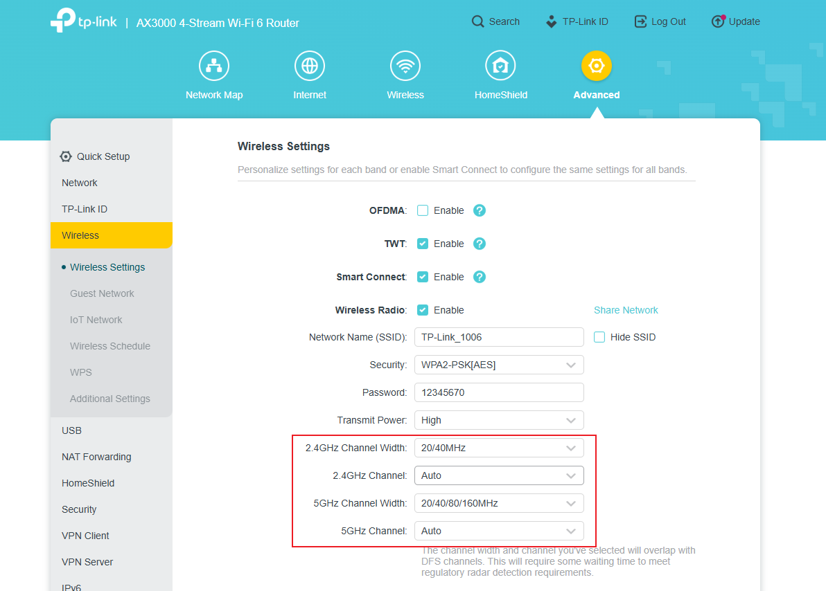 Screenshot of the TP-Link Archer AX55 Wireless Settings page with Auto currently selected for 2.4G and 5G channels.