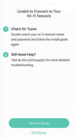 Kasa app Unable to Connect to Your Wi-Fi Network screen with steps to check for typos and a Restart Setup button.